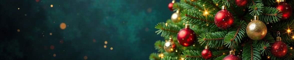Sparkling evergreen tree adorned with colorful ornaments and garlands, evergreen trees, holiday decor