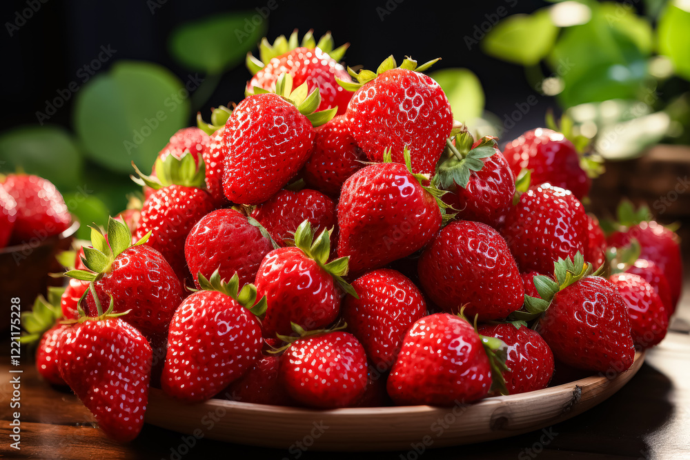 Poster plate of red strawberries on a wooden table. the strawberries are piled on top of each other, creati