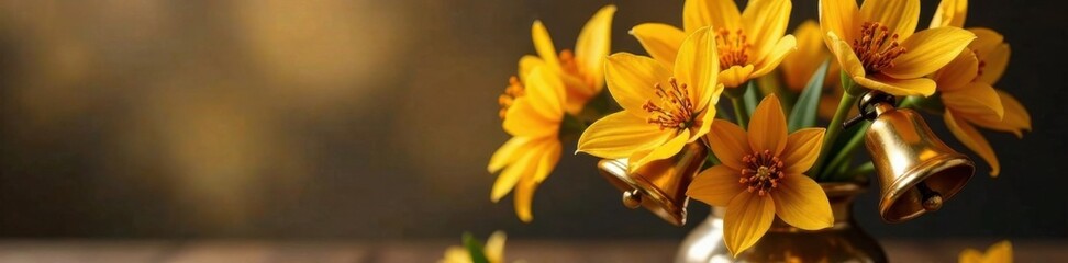 Obraz premium A collection of various golden bells in a vase, arrangement, golden bell