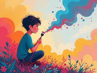 Young Creator Expresses Themselves Through Vibrant Colors And Unique Brushstrokes On Canvas With Imagination And Creativity As Their Guiding Force. 00002