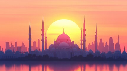Fototapeta premium Sunset over Mosque and City Skyline