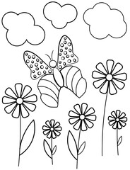 Butterfly and Flowers in a Cute Coloring Book Illustration