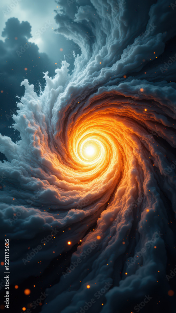Poster a mesmerizing illustration of a galaxy-like structure with swirling clouds and fiery elements, symbo