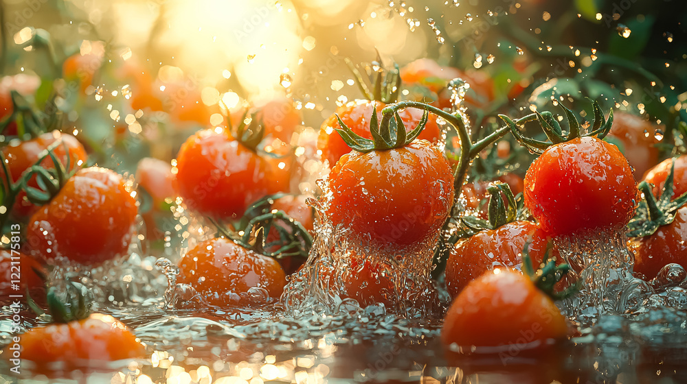 Poster bunch of red tomatoes are falling into a pool of water. the water is splashing and the tomatoes are 