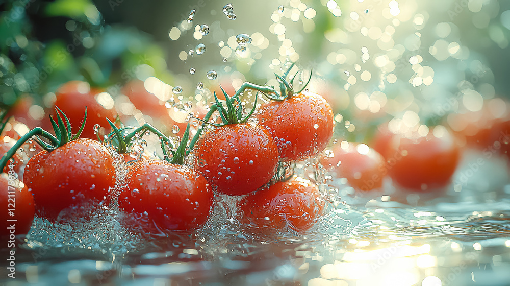 Poster bunch of red tomatoes are falling into a pool of water. the water is splashing and the tomatoes are 