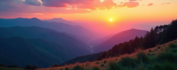 Obraz premium Gentle sunrise over rolling mountains and valleys, dawn, mountain, sunrise