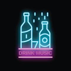 Neon sign with bottles and cocktail glass on a shelf with drink music writing underneath