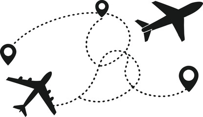 This minimalist graphic depicts airplane flight paths, connected by dotted lines to various destinations marked by map pins.