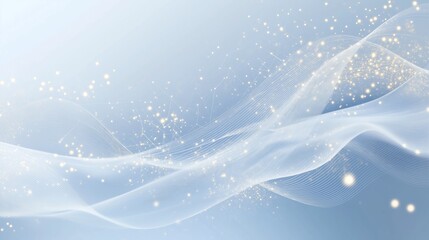 Abstract light blue background with white wavy lines and glowing dots.