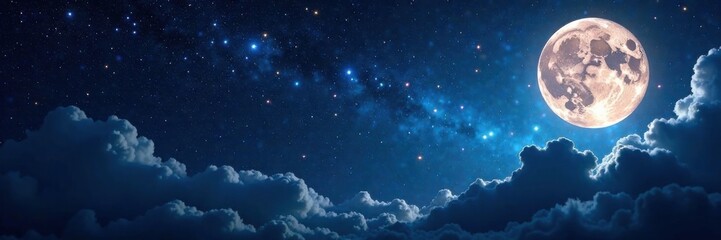 Obraz premium Dark celestial canvas with twinkling stars and a full moon, astronomy, night sky