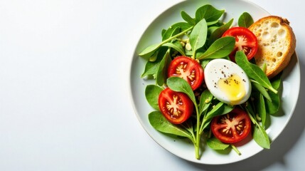 A refreshing salad featuring a soft boiled egg, sliced tomatoes, and vibrant greens, served with a piece of toasted bread on a white plate