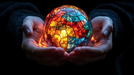 Hands holding illuminated stained-glass globe; dark background; global connection concept; website banner