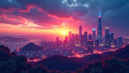 Fototapeta premium Abstract background, futuristic cityscape at dusk, modern architecture, night sky
