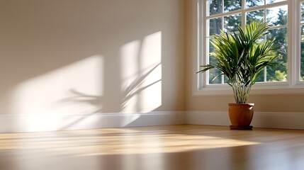Fototapeta premium Sunlit Room with a Potted Plant and Hardwood Floor