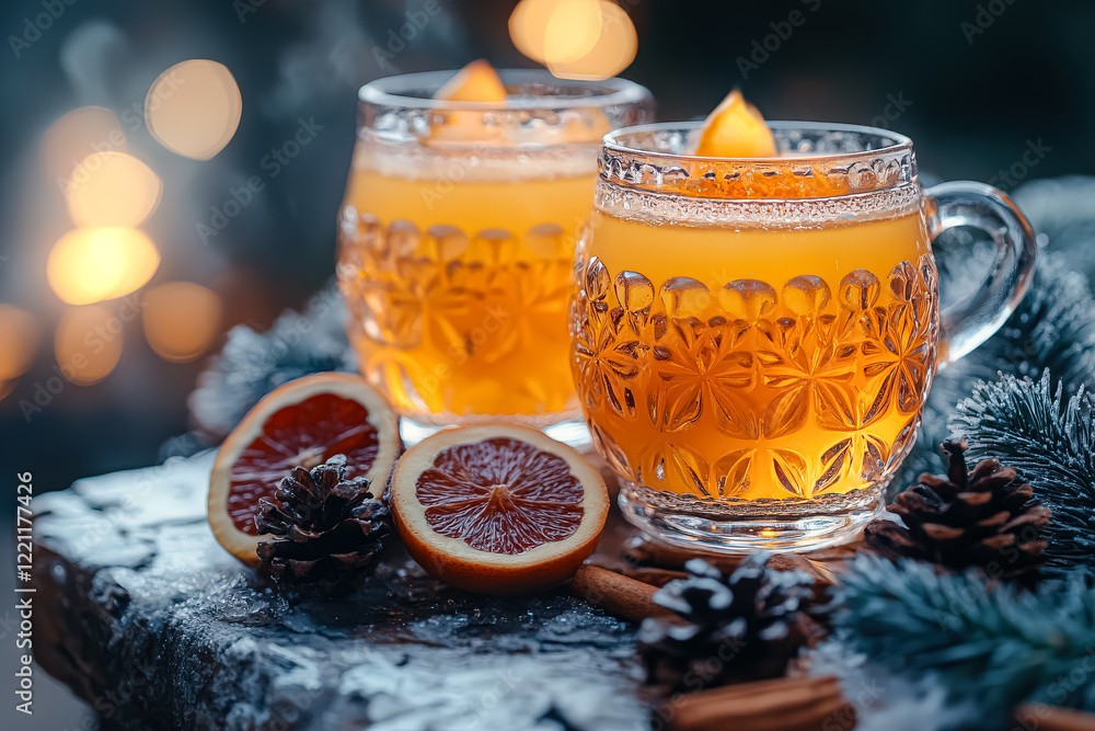 Poster two glasses of orange juice with a slice of orange in each. the glasses are on a table with pine con