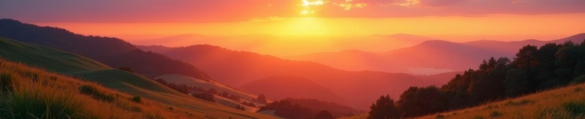 Gentle sunrise with blending of warm hues on hillsides, sunrise, soft focus, natural