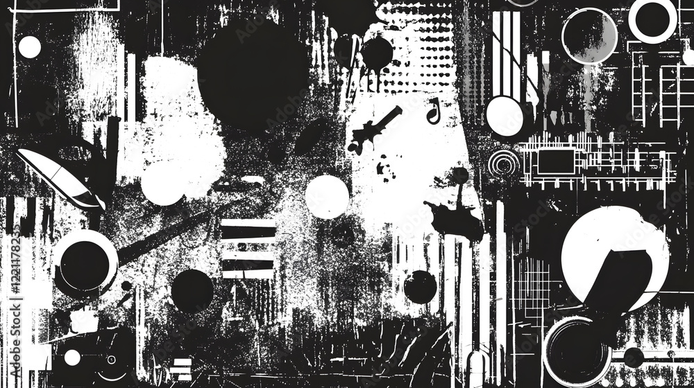 Aufkleber Abstract Dynamic Geometric Composition with Metallic Shapes and Patterns in Monochrome Palette