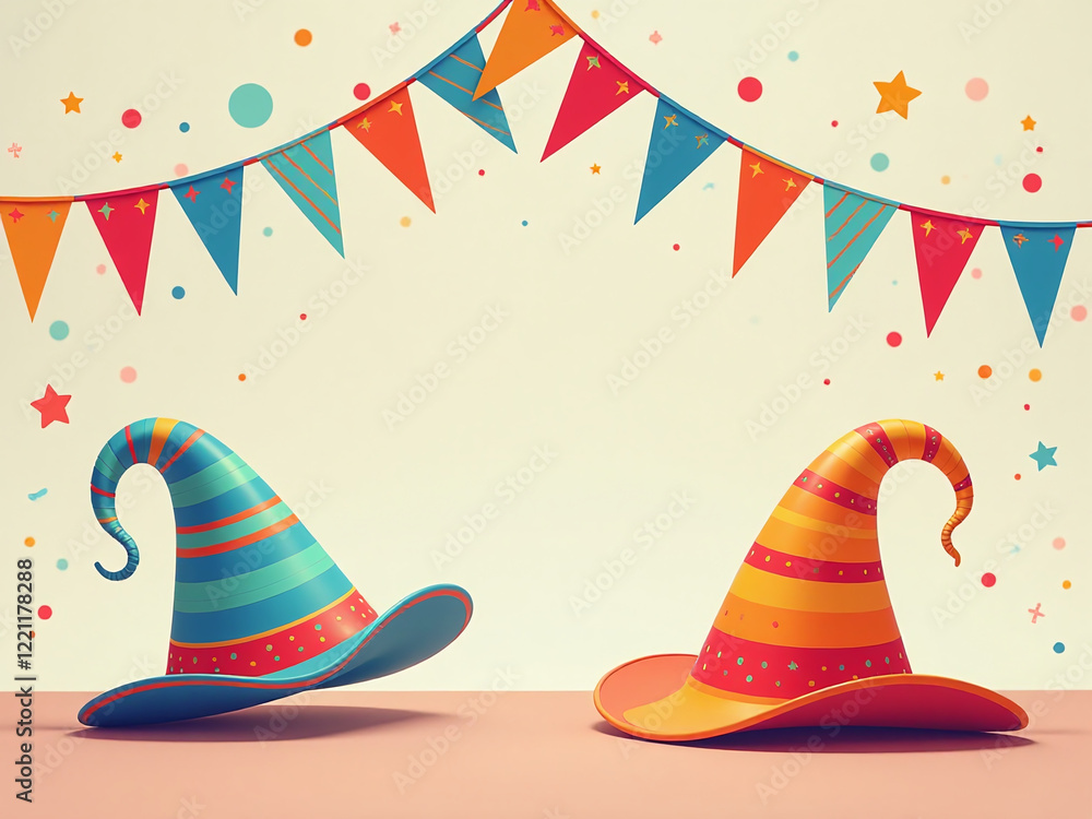 Poster vibrant carnival theme features colorful ribbons attached to festive hats adding a playful touch to 