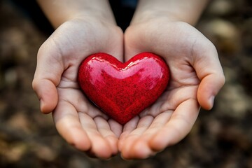 Obraz premium Close up of a man's hands holding a red glittering heart-shaped stone in his palm. Concept of giving and receiving love