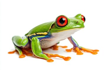 A green frog with vivid red eyes is sitting on a clean white surface