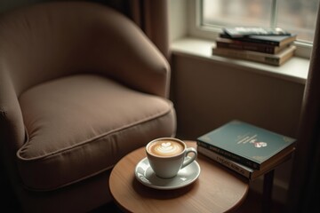 Fototapeta premium A cozy coffee nook features a plush armchair, a small side table with a steaming cup of cappuccino, and a stack of books. Soft lighting creates a perfect reading atmosphere