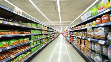 Supermarket aisles filled with products montage