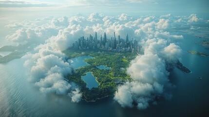 Cloud-shrouded city island, aerial view, ocean background, futuristic cityscape, environmental concept