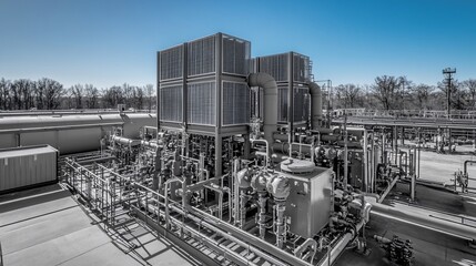 Fototapeta premium Industrial facility with cooling towers and piping infrastructure.