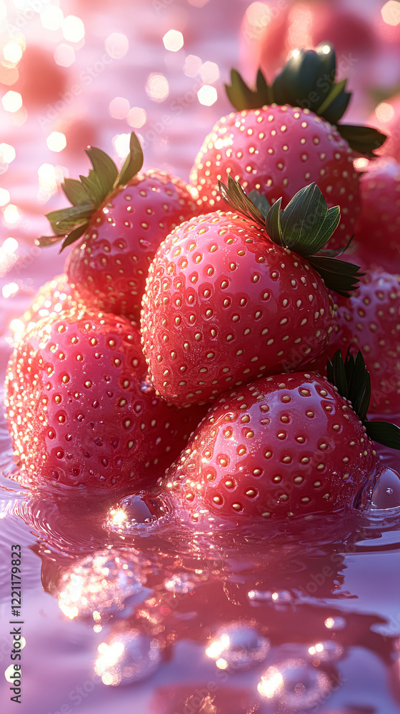 Poster close up of a bunch of red strawberries floating in a pink liquid. the strawberries are arranged in 