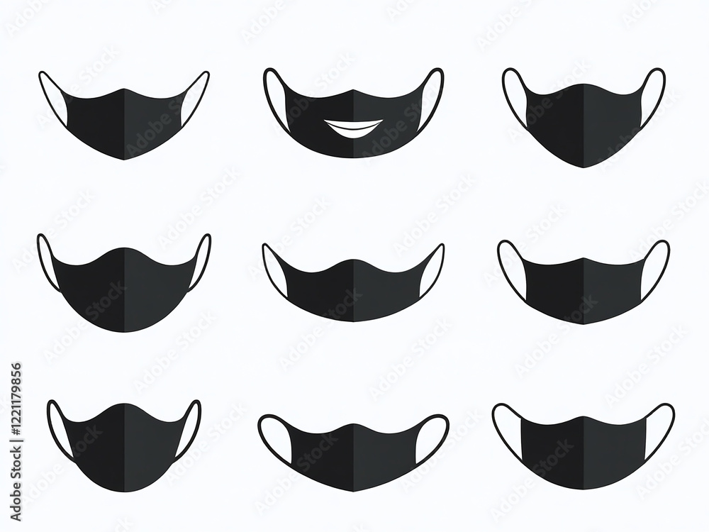 Poster vector icon collection featuring various black mask designs with simple silhouettes isolated against