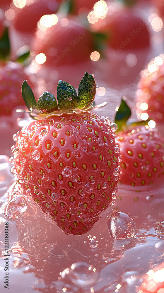 Poster close up of a bunch of red strawberries floating in a pink liquid. the strawberries are arranged in 
