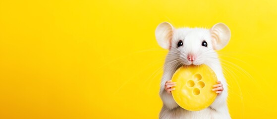 A cute white mouse happily holds a slice of yellow cheese against a vibrant yellow background, capturing the joy and playfulness of small animals in a delightful setting.