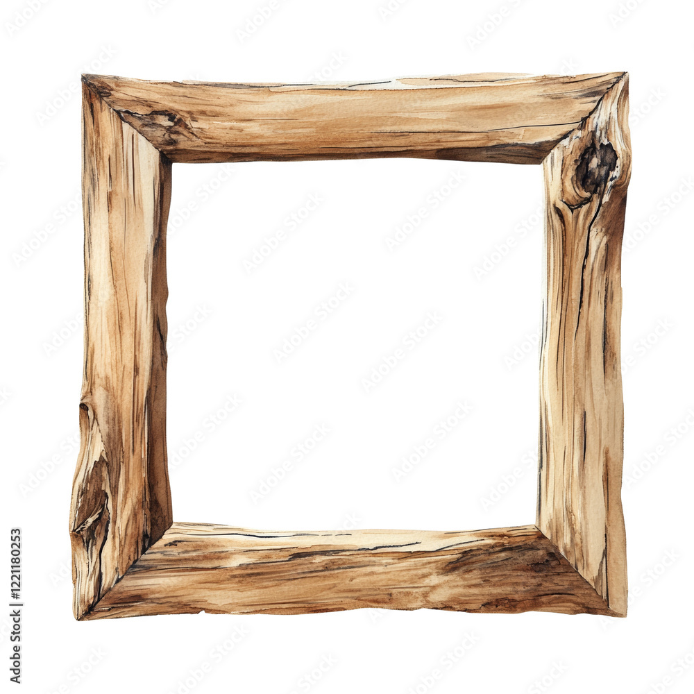 Poster a watercolor illustration depicts a rustic square wooden frame with a natural and organic texture id