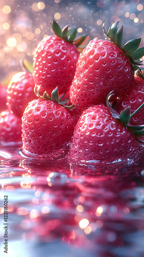 Aufkleber close up of a bunch of red strawberries floating in pink water. the strawberries are arranged in a w