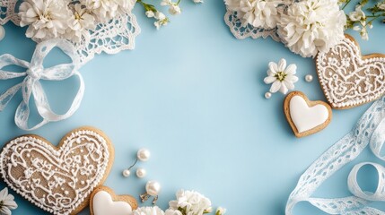 Fototapeta premium Romantic Valentine Banner Template with Heart Cookies and Flowers