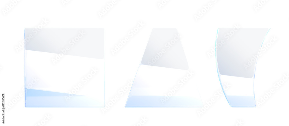 Poster 3d glass banner or plate png render icon set. Blank clear square, triangle and curve rectangle shape acrylic or plastic panel with light refraction isolated on transparent background. 3D illustration