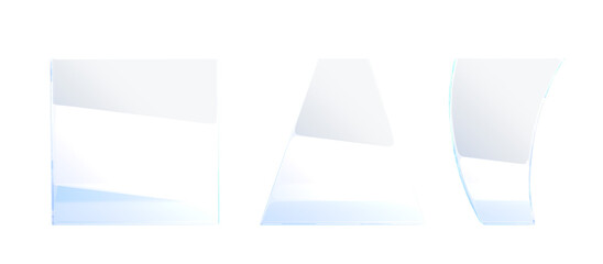 3d glass banner or plate png render icon set. Blank clear square, triangle and curve rectangle shape acrylic or plastic panel with light refraction isolated on transparent background. 3D illustration