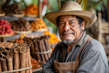 Man wearing a straw hat and apron is smiling at the camera. He is standing in front of a table with a variety of spices and fruits