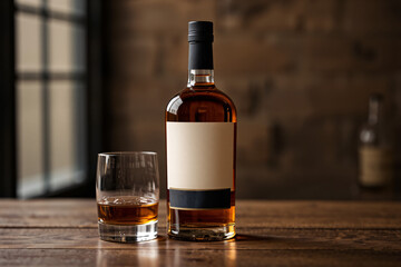 A mockup of a whiskey bottle displayed in an aesthetic setting, ideal for showcasing branding or label designs