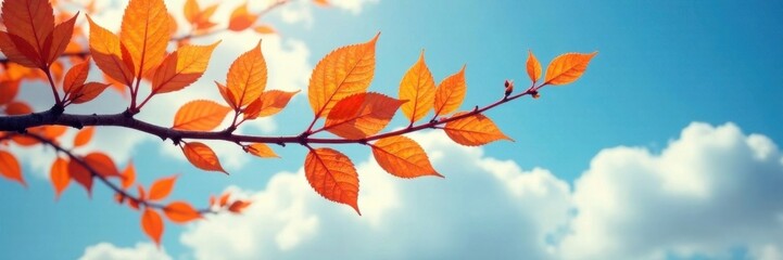 Naklejka premium Branch stretching towards the sky with vibrant orange leaves , fall, autumn