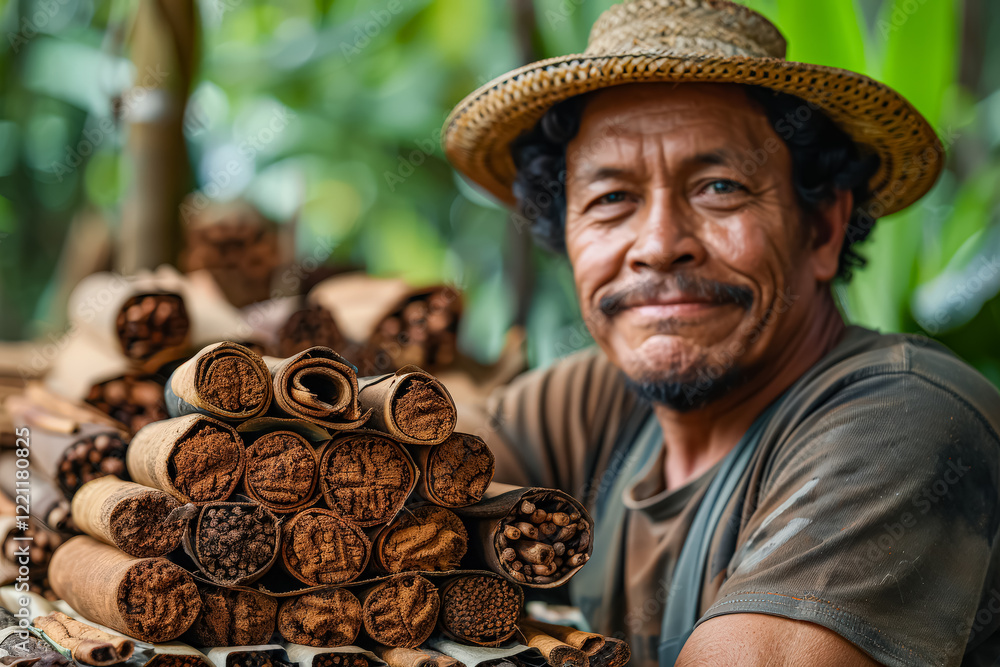 Aufkleber man wearing a straw hat and apron is smiling at the camera. he is standing in front of a table with 