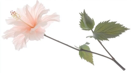 Delicate Peach Hibiscus Flower with Leaves