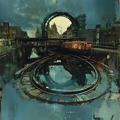 A surreal urban landscape featuring circular train tracks and reflective water.