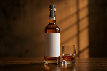 A mockup of a whiskey bottle displayed in an aesthetic setting, ideal for showcasing branding or label designs