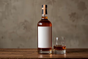 A mockup of a whiskey bottle displayed in an aesthetic setting, ideal for showcasing branding or label designs