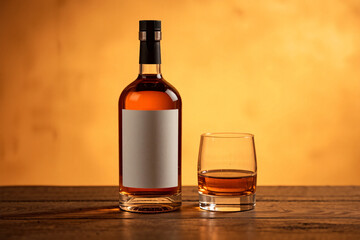 A mockup of a whiskey bottle displayed in an aesthetic setting, ideal for showcasing branding or label designs
