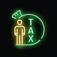 Neon sign representing the concept of tax payment with a person standing near the word tax