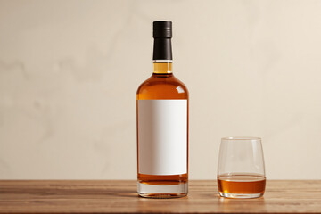 A mockup of a whiskey bottle displayed in an aesthetic setting, ideal for showcasing branding or label designs