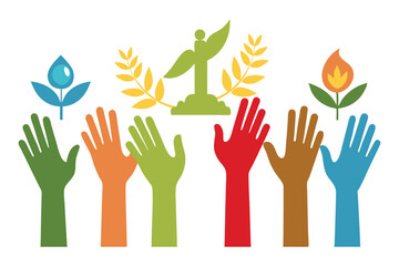Silhouettes of Hands from Different Ethnicities and Faiths Raised Together, Holding Peace Symbols like Olive Branches, Candles, or Doves - Vector Illustration of Unity and Harmony.