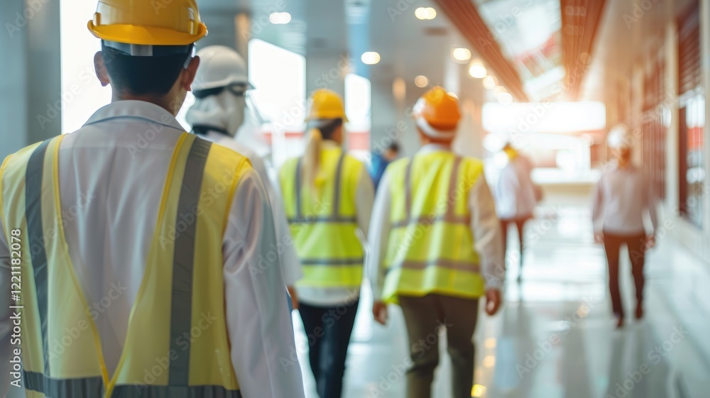 Poster back view of engineer or mechanic wearing safety helmet with blurring background. attractive worker 